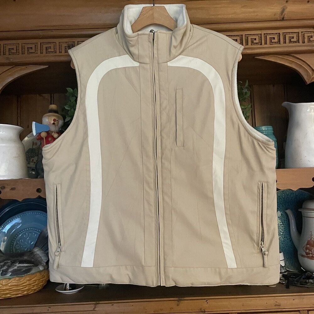 IZOD Reversible Vest Sz XL Womens Horseshoe Applique Ivory Fleece‎ Beige Canvas